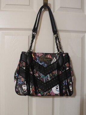 Ed Hardy Black Tattoo Print Studded Fringe Tote